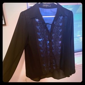 Sheer long sleeve black button down